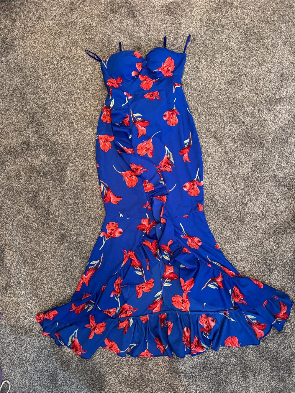 Fashion Nova Royal Blue Maxi Dress with Red Floral Print